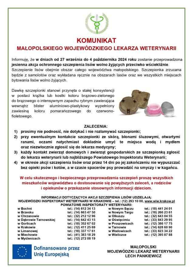Komunikat Małopolskiego Wojewódzkiego Lekarza Weterynarii – zmiana terminu jesiennej akcji szczepienia lisów wolno żyjących przeciwko wściekliźnie