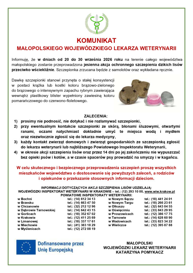 KOMUNIKAT MAŁOPOLSKIEGO WOJEWÓDZKIEGO LEKARZA WETERYNARII
