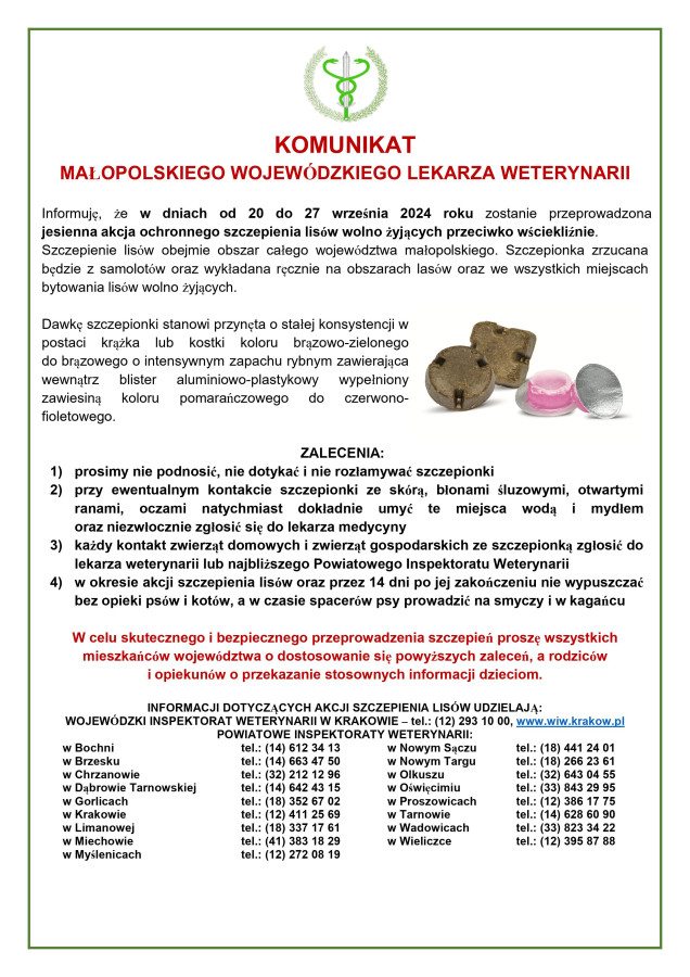 Komunikat Małopolskiego Wojewódzkiego Lekarza Weterynarii 