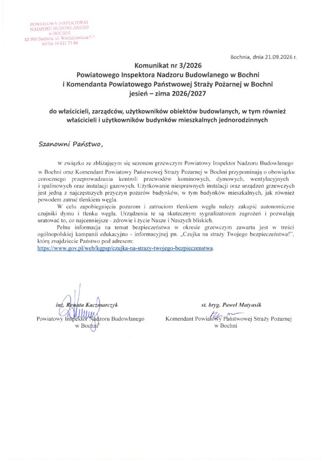 Komunikat nr 3/2026 Powiatowego Inspektora Nadzoru Budowlanego w Bochni i Komendanta Państwowego Państwowej Straży Pożarnej w Bochni  jesień - zima 2026/2027