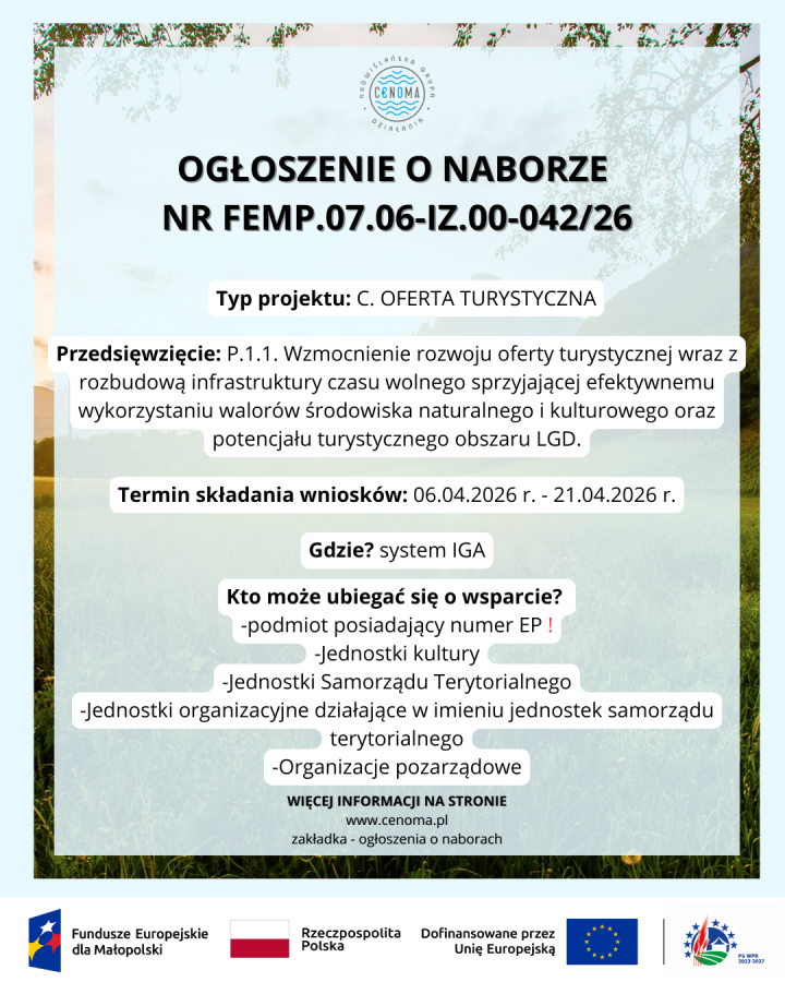 OGŁOSZENIE O NABORZE – Oferta Turystyczna – Przedsięwzięcie P.1.1.